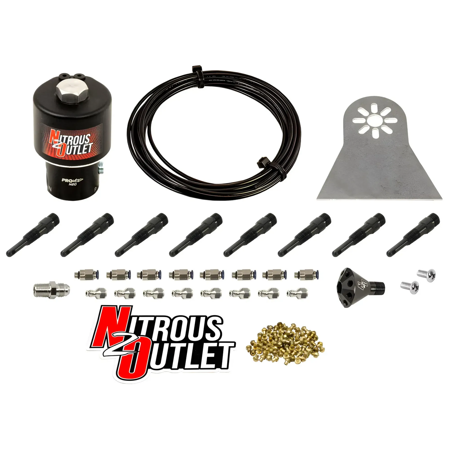 Nitrous Outlet Dry 8 Cylinder Solenoids Forward Direct Port Conversion Kit  - .178 Trashcan Nitrous Solenoid/Nylon Hose/Showerhead Distribution Block/90 Degree Discharge Nozzles (Includes 200HP Jetting)