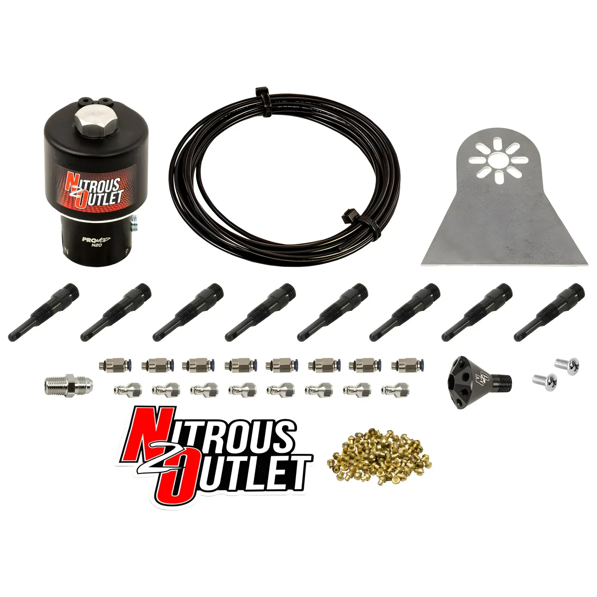Nitrous Outlet Dry 8 Cylinder Solenoids Forward Direct Port Conversion Kit  - .178 Trashcan Nitrous Solenoid/Nylon Hose/Showerhead Distribution Block/90 Degree Discharge Nozzles (Includes 200HP Jetting)