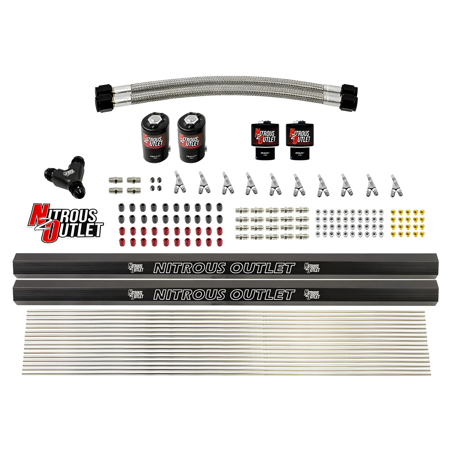 Nitrous Outlet 10 Cylinder Solenoids Forward Direct Port Conversion Kit - Two .122 Nitrous Solenoids/Two .177 Fuel Solenoids/Two Injection Rails/Annular Discharge Nozzles (Includes 175HP Jetting - Gas/7 psi)