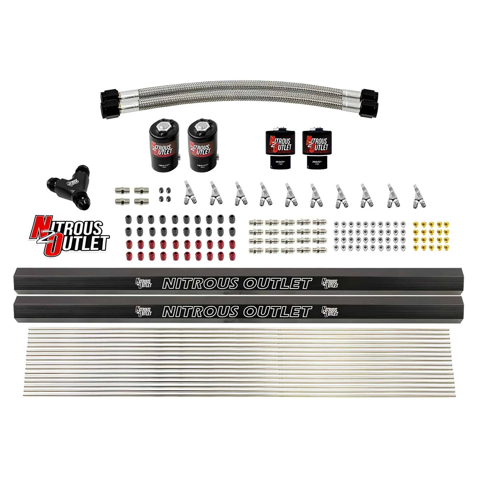 Nitrous Outlet 10 Cylinder Solenoids Forward Direct Port Conversion Kit - Two .122 Nitrous Solenoids/Two .177 Fuel Solenoids/Two Injection Rails/Annular Discharge Nozzles (Includes 175HP Jetting - Gas/7 psi)