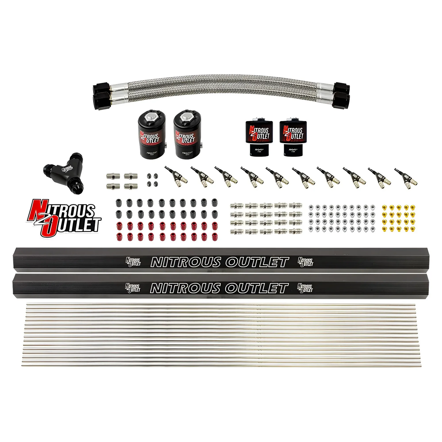 Nitrous Outlet 10 Cylinder Solenoids Forward Direct Port Conversion Kit - Two .122 Nitrous Solenoids/Two .177 Fuel Solenoids/Two Injection Rails/90 Degree Discharge Nozzles (Includes 175HP Jetting - Gas/7 psi)