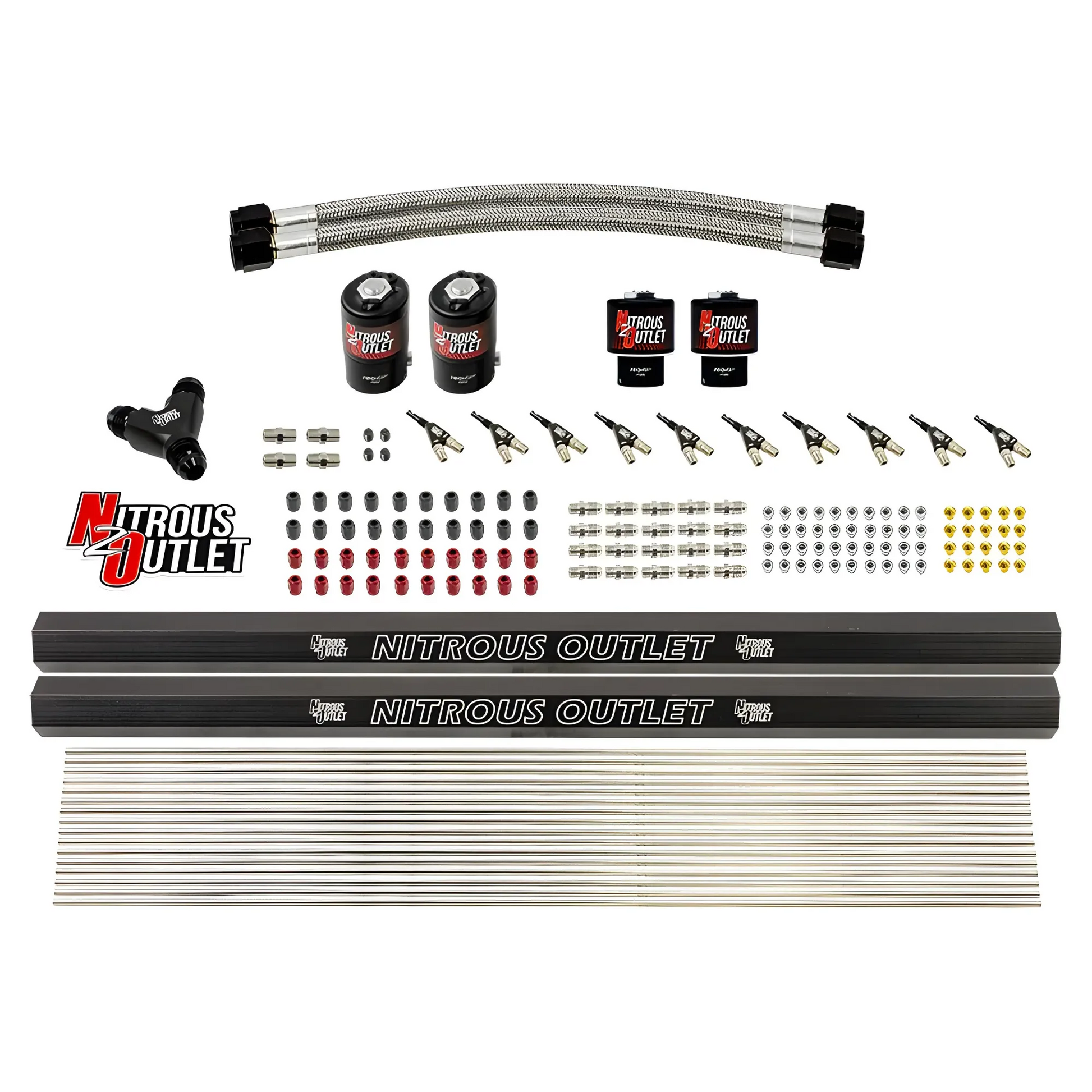 Nitrous Outlet 10 Cylinder Solenoids Forward Direct Port Conversion Kit - Two .122 Nitrous Solenoids/Two .177 Fuel Solenoids/Two Injection Rails/90 Degree Discharge Nozzles (Includes 175HP Jetting - Gas/7 psi)