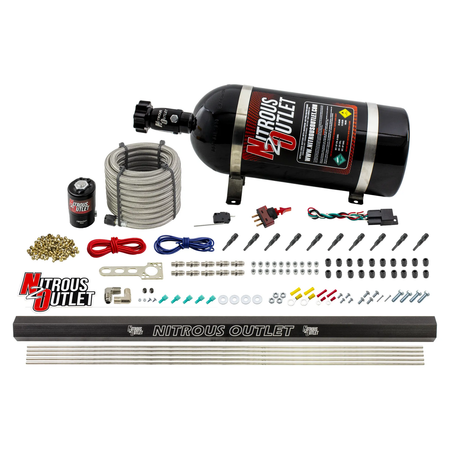 Nitrous Outlet Dry 10 Cylinder Direct Port System - .122 Nitrous Solenoid/Injection Rail/90 Degree Discharge Nozzles (125-375HP)(10lb Bottle)