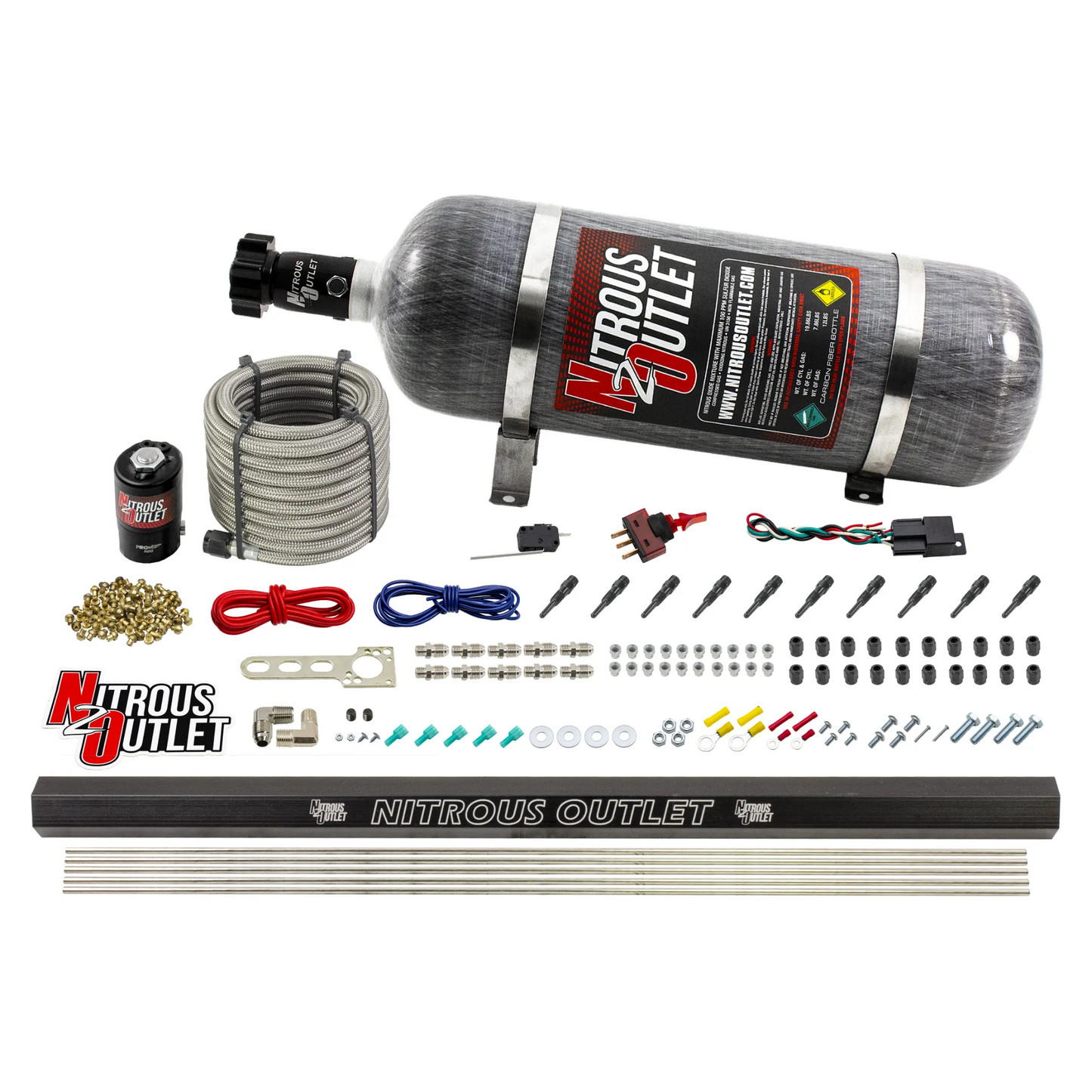 Nitrous Outlet Dry 10 Cylinder Direct Port System - .122 Nitrous Solenoid/Injection Rail/90 Degree Discharge Nozzles (125-375HP)(12lb Bottle)