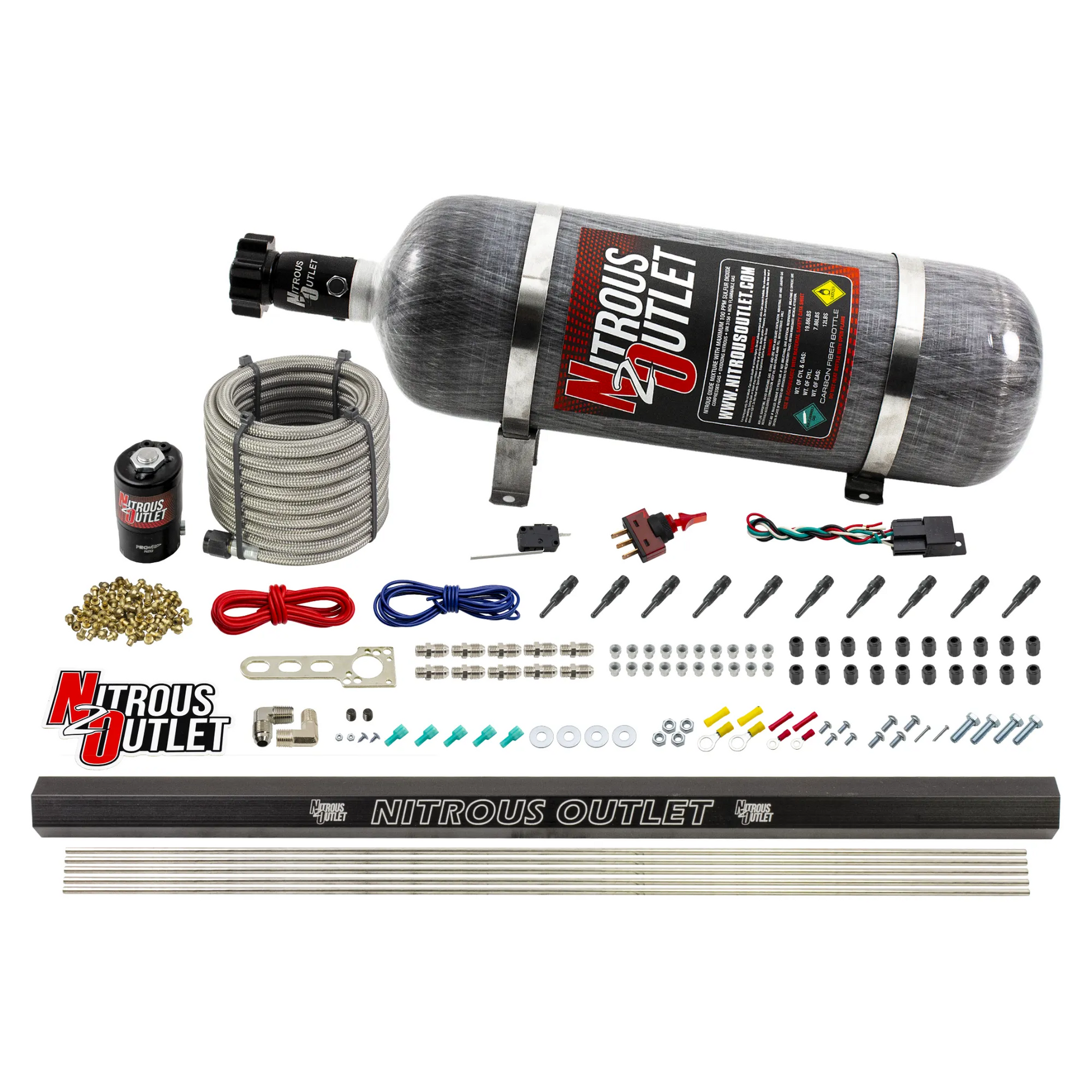 Nitrous Outlet Dry 10 Cylinder Direct Port System - .122 Nitrous Solenoid/Injection Rail/90 Degree Discharge Nozzles (125-375HP)(12lb Bottle)