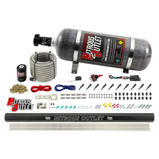 Nitrous Outlet Dry 10 Cylinder Direct Port System - .122 Nitrous Solenoid/Injection Rail/90 Degree Discharge Nozzles (125-375HP)(12lb Bottle)