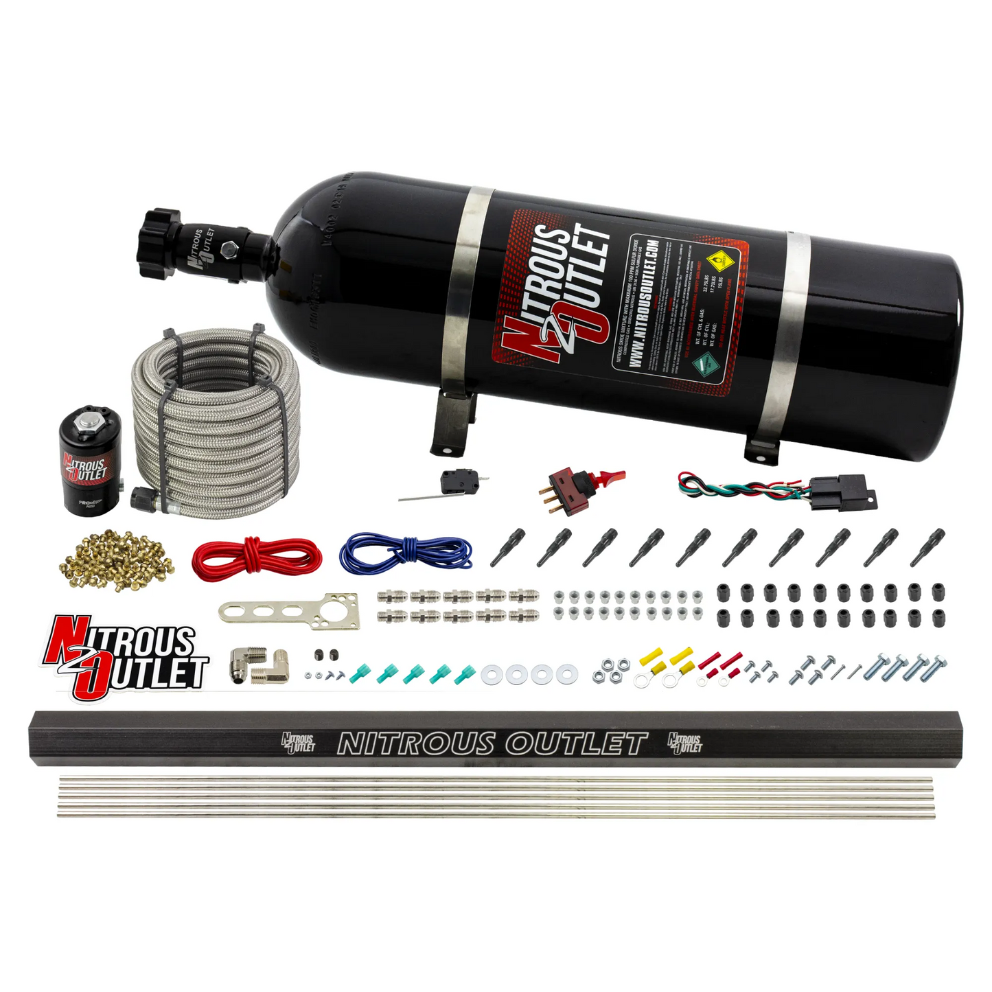 Nitrous Outlet Dry 10 Cylinder Direct Port System - .122 Nitrous Solenoid/Injection Rail/90 Degree Discharge Nozzles (125-375HP)(15lb Bottle)