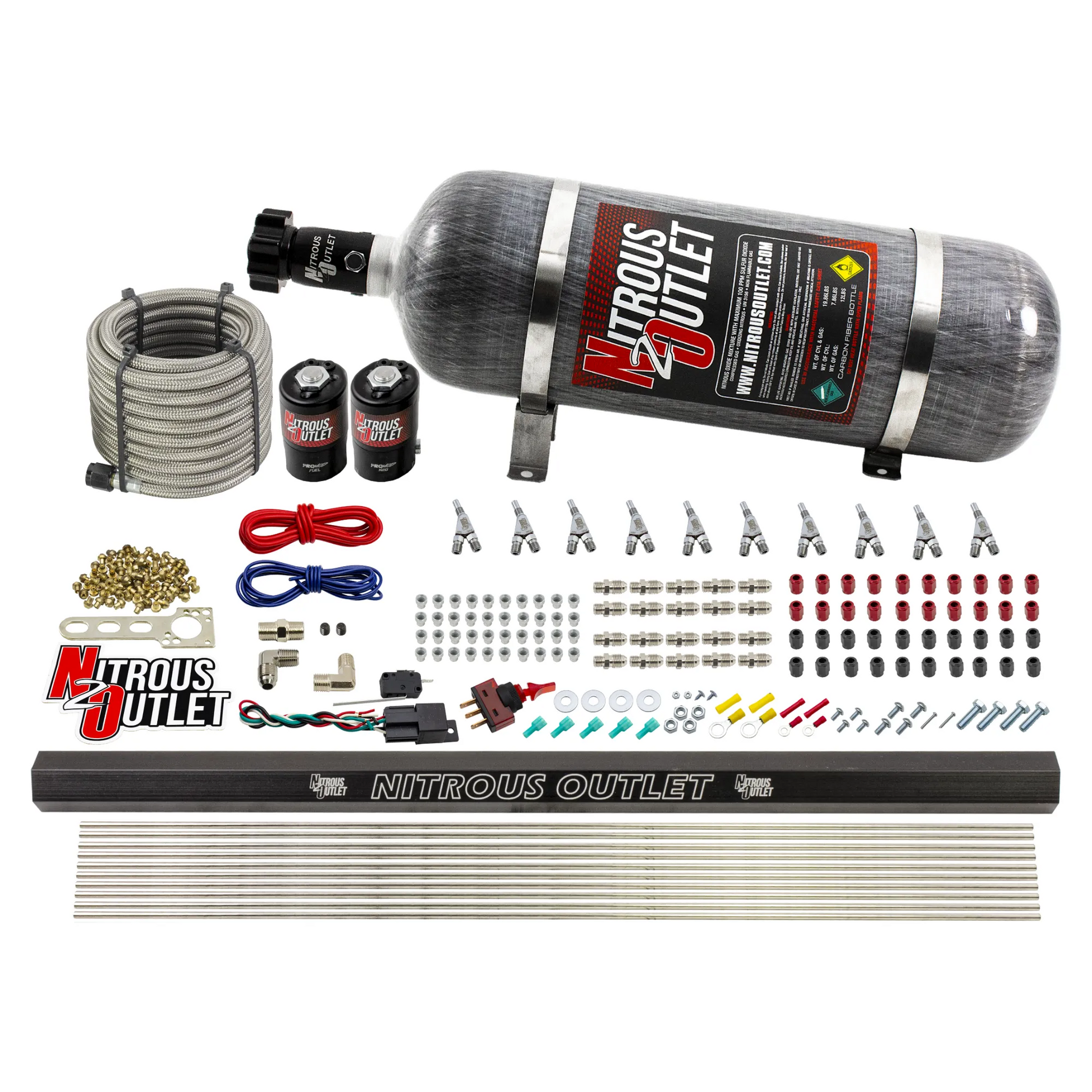 Nitrous Outlet 10 Cylinder Direct Port System - .122 Nitrous Solenoid/.310 Fuel Solenoid/Dual Passage Injection Rail/Annular Discharge Nozzles (Alcohol)(5-7-10 psi)(125-375HP)(12lb Bottle)