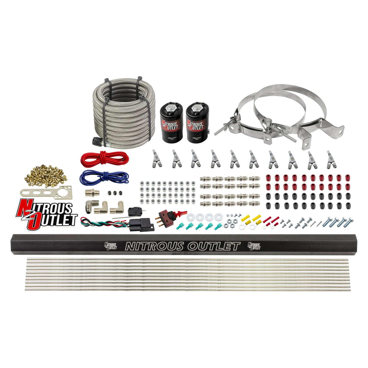Nitrous Outlet 10 Cylinder Direct Port System - .122 Nitrous Solenoid/.310 Fuel Solenoid/Dual Passage Injection Rail/Annular Discharge Nozzles (E85)(5-7-10 psi)(125-375HP)(No Bottle)