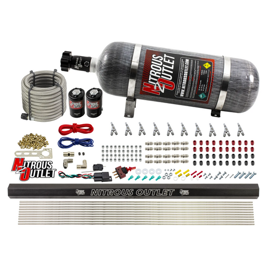 Nitrous Outlet 10 Cylinder Direct Port System - .122 Nitrous Solenoid/.310 Fuel Solenoid/Dual Passage Injection Rail/Annular Discharge Nozzles (E85)(5-7-10 psi)(125-375HP)(12lb Bottle)