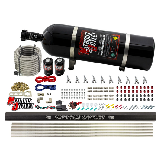 Nitrous Outlet 10 Cylinder Direct Port System - .122 Nitrous Solenoid/.310 Fuel Solenoid/Dual Passage Injection Rail/Annular Discharge Nozzles (E85)(5-7-10 psi)(125-375HP)(15lb Bottle)