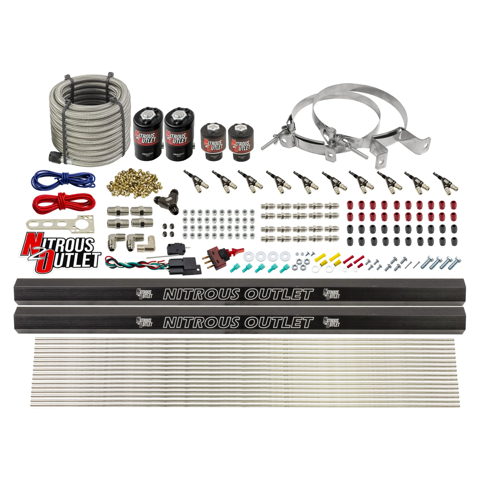 Nitrous Outlet 10 Cylinder Direct Port System - Two .122 Nitrous Solenoid/Two .310 Fuel Solenoid/Two Dual Passage Injection Rail/90 Degree Discharge Nozzles (Alcohol)(5-7-10 psi)(125-375HP)(No Bottle)