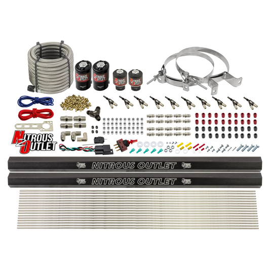 Nitrous Outlet 10 Cylinder Direct Port System - Two .122 Nitrous Solenoid/Two .310 Fuel Solenoid/Two Dual Passage Injection Rail/90 Degree Discharge Nozzles (Alcohol)(5-7-10 psi)(125-375HP)(No Bottle)