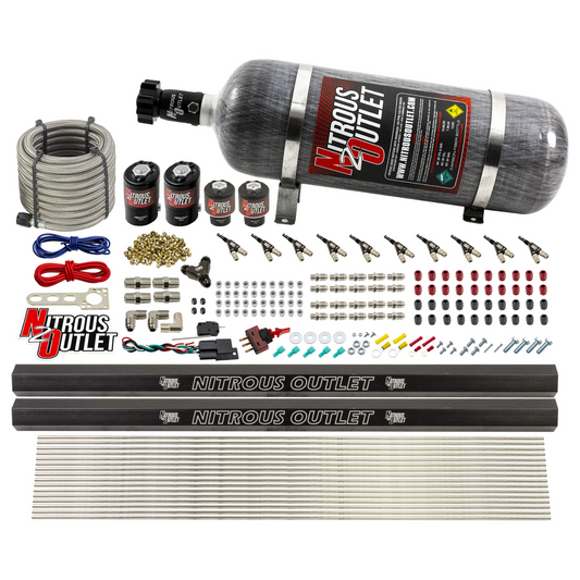Nitrous Outlet 10 Cylinder Direct Port System - Two .122 Nitrous Solenoid/Two .310 Fuel Solenoid/Two Dual Passage Injection Rail/90 Degree Discharge Nozzles (Alcohol)(5-7-10 psi)(125-375HP)(12lb Bottle)