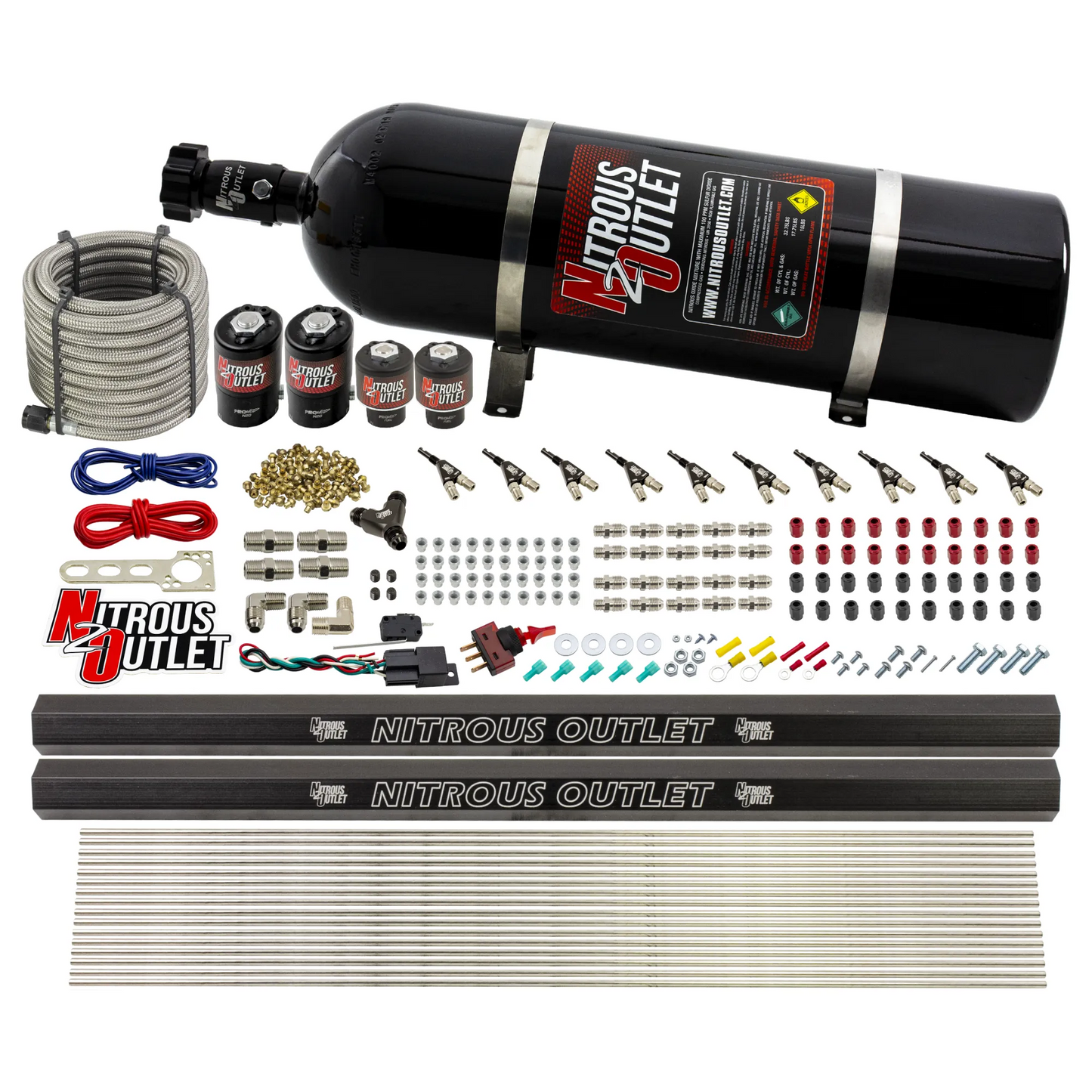 Nitrous Outlet 10 Cylinder Direct Port System - Two .122 Nitrous Solenoid/Two .310 Fuel Solenoid/Two Dual Passage Injection Rail/90 Degree Discharge Nozzles (Alcohol)(5-7-10 psi)(125-375HP)(15lb Bottle)