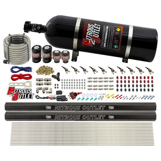 Nitrous Outlet 10 Cylinder Direct Port System - Two .122 Nitrous Solenoid/Two .310 Fuel Solenoid/Two Dual Passage Injection Rail/90 Degree Discharge Nozzles (Alcohol)(5-7-10 psi)(125-375HP)(15lb Bottle)