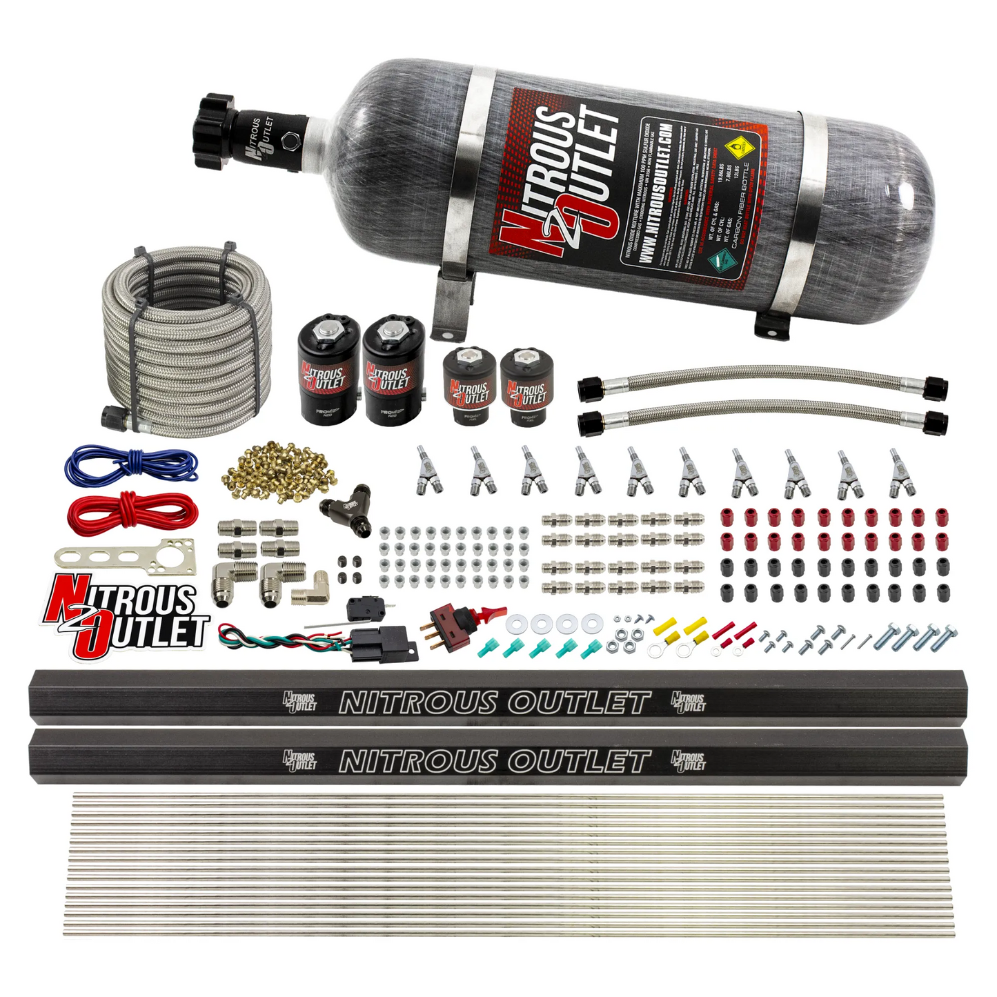 Nitrous Outlet 10 Cylinder Direct Port System - Two .122 Nitrous Solenoid/Two .310 Fuel Solenoid/Two Dual Passage Injection Rail/Annular Discharge Nozzles (Alcohol)(5-7-10 psi)(125-375HP)(12lb Bottle)