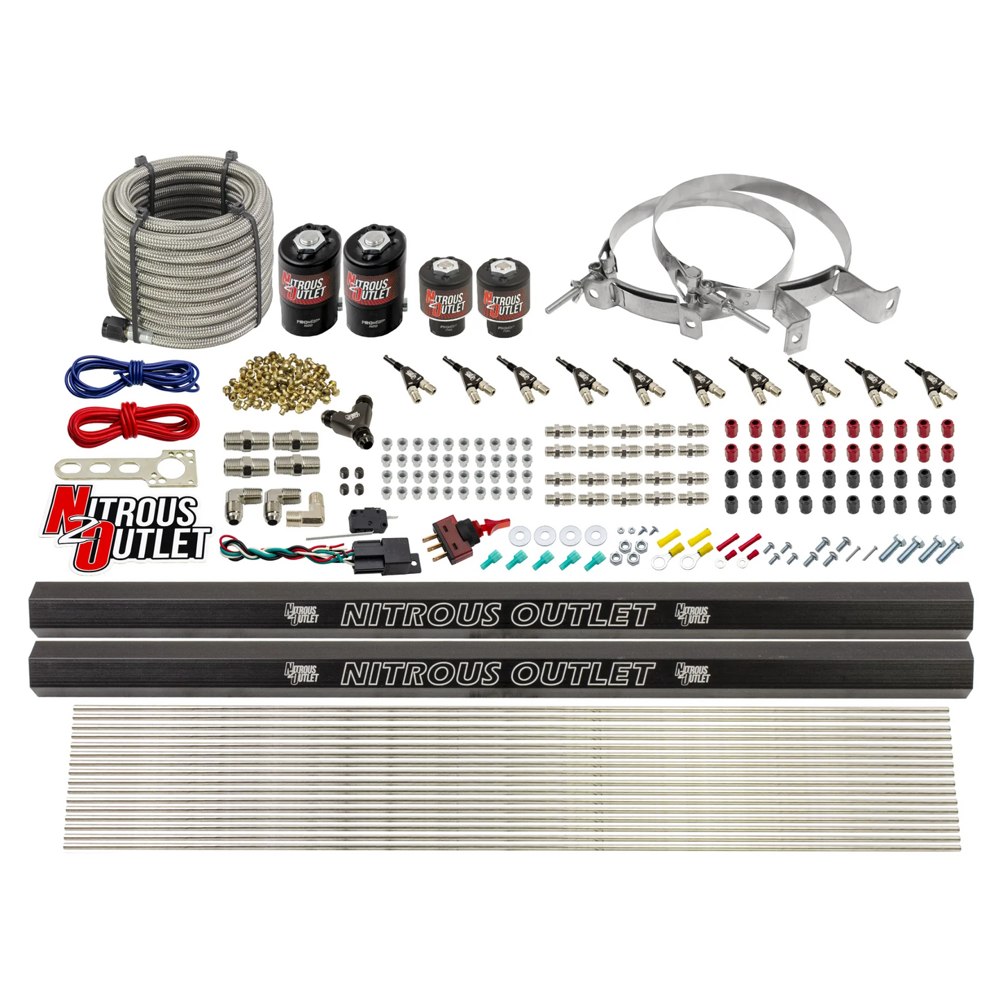 Nitrous Outlet 10 Cylinder Direct Port System - Two .122 Nitrous Solenoid/Two .310 Fuel Solenoid/Two Dual Passage Injection Rail/90 Degree Discharge Nozzles (E85)(5-7-10 psi)(125-375HP)(No Bottle)