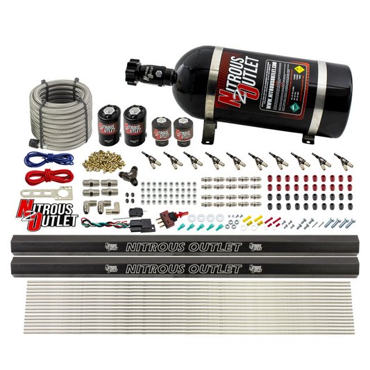 Nitrous Outlet 10 Cylinder Direct Port System - Two .122 Nitrous Solenoid/Two .310 Fuel Solenoid/Two Dual Passage Injection Rail/90 Degree Discharge Nozzles (Gas)(5-7-10 psi)(125-375HP)(10lb Bottle)