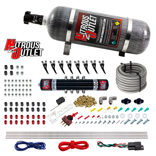 Nitrous Outlet 8 Cylinder 'Black Widow' Direct Port System - .122 Nitrous Solenoid/.310 Fuel Solenoid/Solenoid Distribution Block/90 Degree Discharge Nozzles (Gas)(45-55 psi)(100-400 HP)(12lb Bottle)