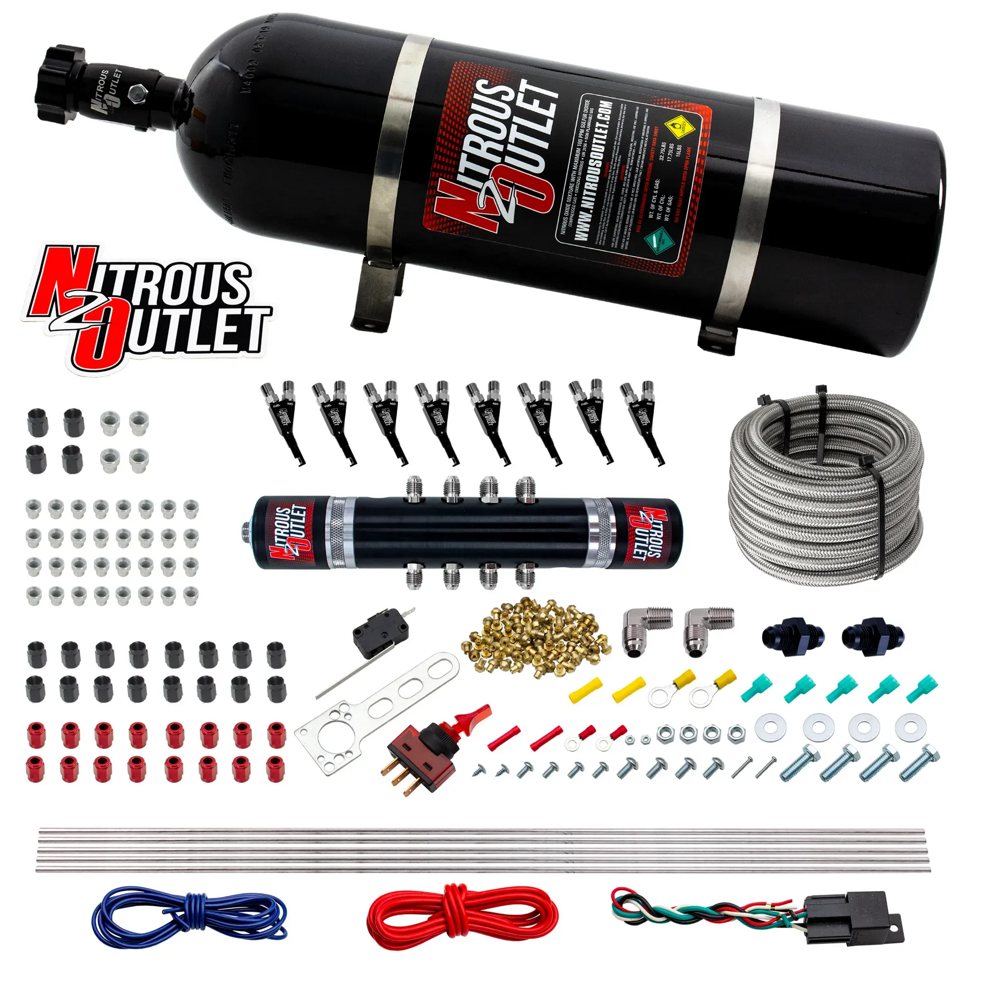 Nitrous Outlet 8 Cylinder 'Black Widow' Direct Port System - .122 Nitrous Solenoid/.310 Fuel Solenoid/Solenoid Distribution Block/90 Degree Discharge Nozzles (Gas)(45-55 psi)(100-400 HP)(15lb Bottle)