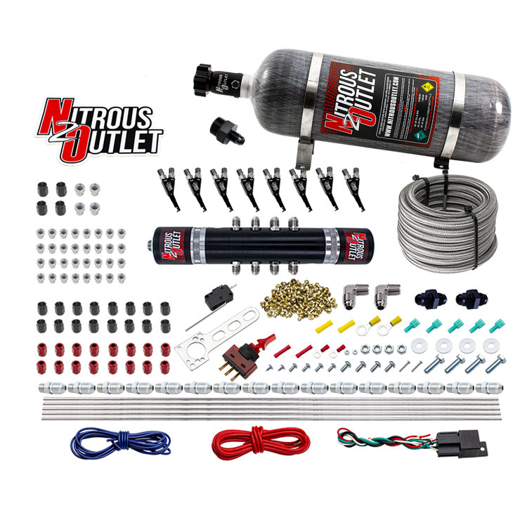 Nitrous Outlet 8 Cylinder 'Black Widow' Direct Port System - .122 Nitrous Solenoid/.310 Fuel Solenoid/Solenoid Distribution Block/90 Degree Discharge Nozzles - E85 (45-55 psi)(100-400 HP)(12lb Bottle)