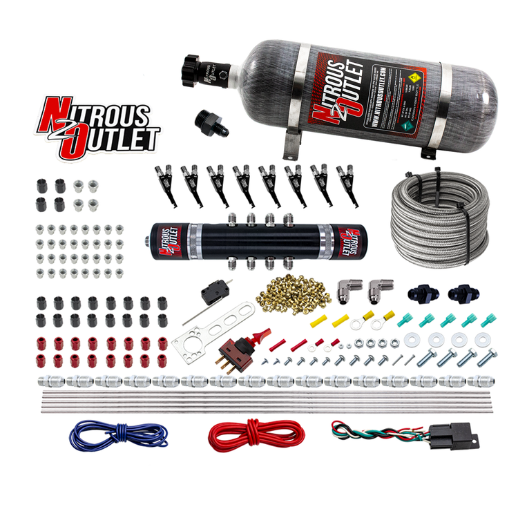 Nitrous Outlet 8 Cylinder 'Black Widow' Direct Port System - .122 Nitrous Solenoid/.310 Fuel Solenoid/Solenoid Distribution Block/90 Degree Discharge Nozzles (Gas)(5-7-10 psi)(100-400 HP)(12lb Bottle)