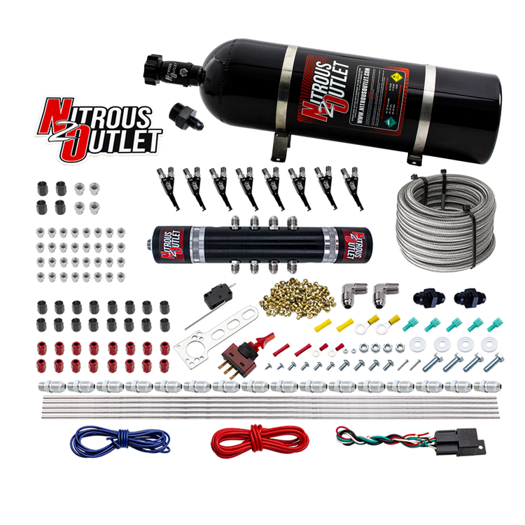 Nitrous Outlet 8 Cylinder 'Black Widow' Direct Port System - .122 Nitrous Solenoid/.310 Fuel Solenoid/Solenoid Distribution Block/90 Degree Discharge Nozzles (Gas)(5-7-10 psi)(100-400 HP)(15lb Bottle)