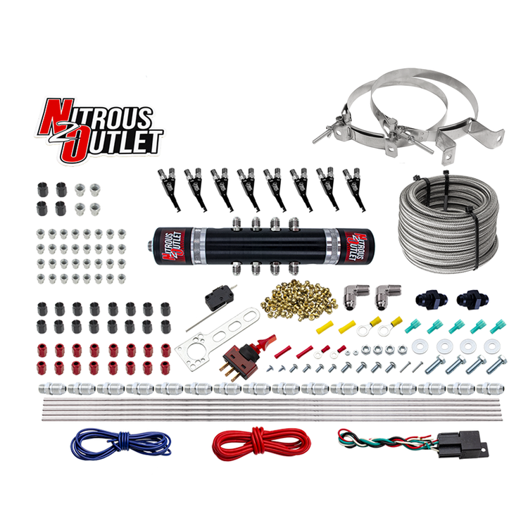 Nitrous Outlet 8 Cylinder 'Black Widow' Direct Port System - .122 Nitrous Solenoid/.310 Fuel Solenoid/Solenoid Distribution Block/90 Degree Discharge Nozzles - E85 (5-7-10 psi)(100-400 HP)(No Bottle)
