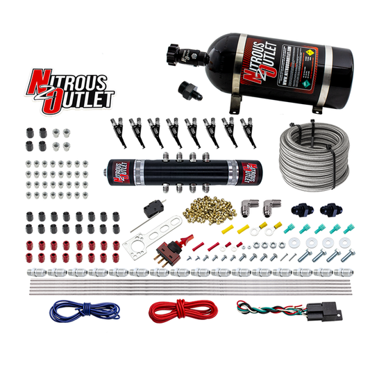 Nitrous Outlet 8 Cylinder 'Black Widow' Direct Port System - .122 Nitrous Solenoid/.310 Fuel Solenoid/Solenoid Distribution Block/90 Degree Discharge Nozzles - E85 (5-7-10 psi)(100-400 HP)(10lb Bottle)