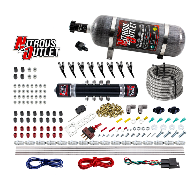 Nitrous Outlet 8 Cylinder 'Black Widow' Direct Port System - .122 Nitrous Solenoid/.310 Fuel Solenoid/Solenoid Distribution Block/90 Degree Discharge Nozzles - E85 (5-7-10 psi)(100-400 HP)(12lb Bottle)