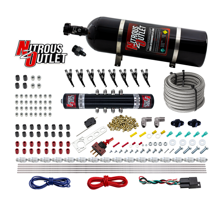 Nitrous Outlet 8 Cylinder 'Black Widow' Direct Port System - .122 Nitrous Solenoid/.310 Fuel Solenoid/Solenoid Distribution Block/90 Degree Discharge Nozzles - E85 (5-7-10 psi)(100-400 HP)(15lb Bottle)