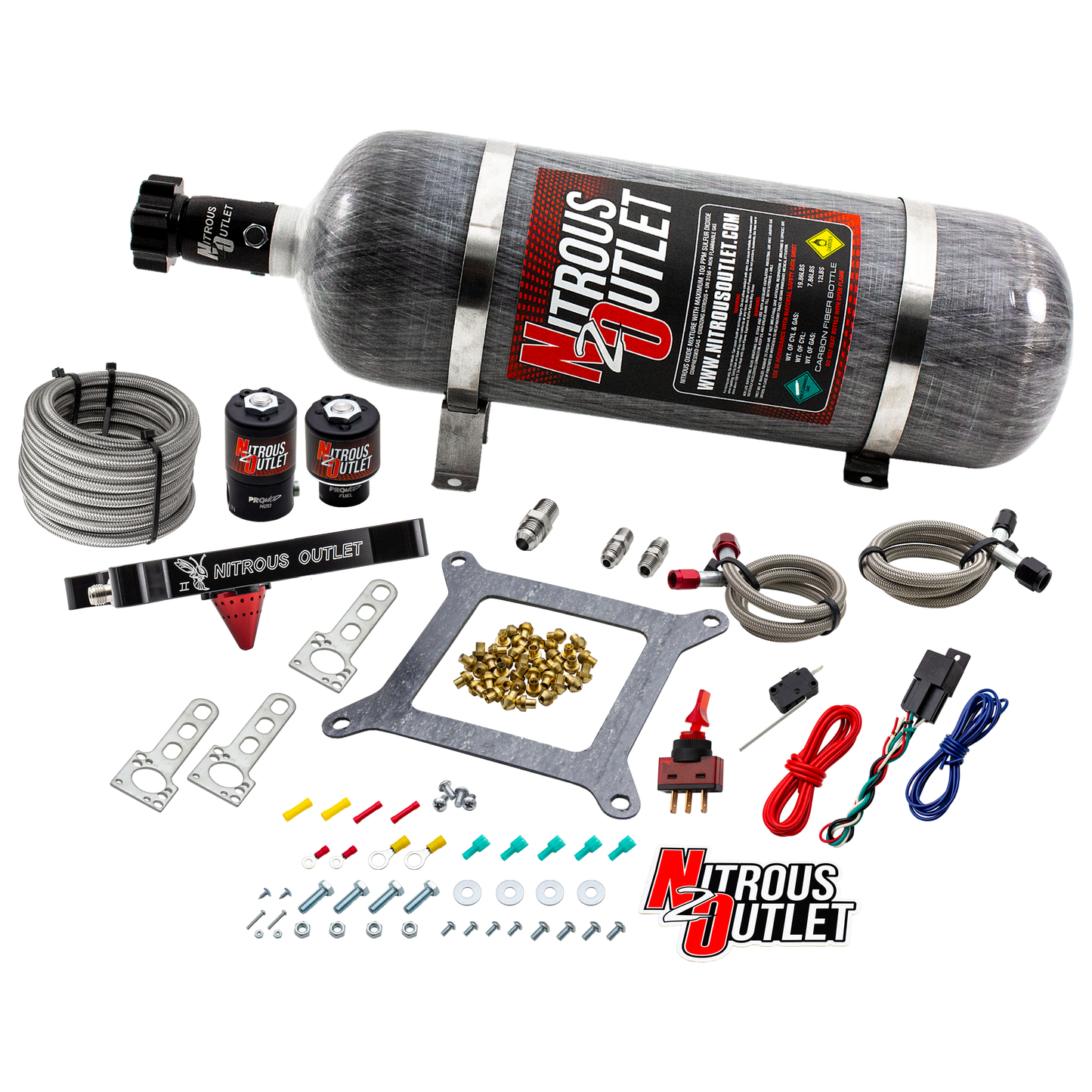 Nitrous Outlet 4150 Stinger 2 System - Braided Hoses/.122 Nitrous Solenoid/.177 Fuel Solenoid/Universal Solenoid Brackets - (Gas/E85)(5-55 psi)(50-500 HP)(12lb Bottle)