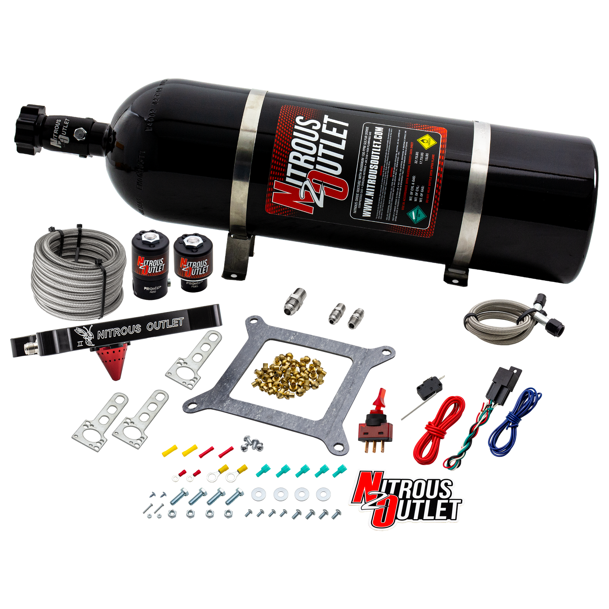 Nitrous Outlet 4150 Stinger 2 System - Braided Hoses/.122 Nitrous Solenoid/.177 Fuel Solenoid/Universal Solenoid Brackets - (Gas/E85)(5-55 psi)(50-500 HP)(15lb Bottle)
