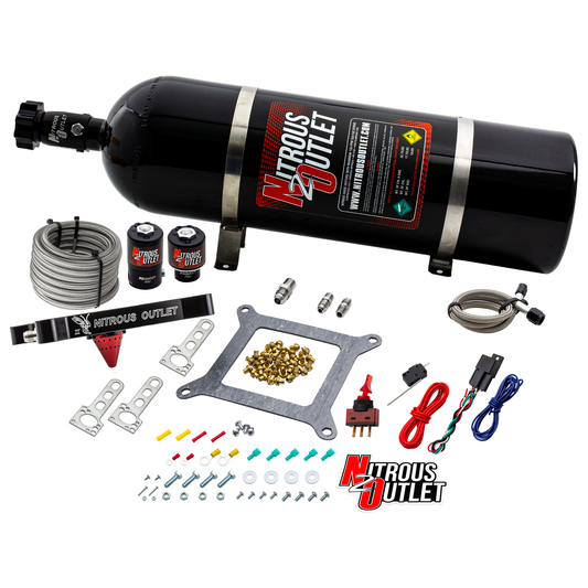 Nitrous Outlet 4150 Stinger 2 System - Braided Hoses/.122 Nitrous Solenoid/.177 Fuel Solenoid/Universal Solenoid Brackets - (Gas/E85)(5-55 psi)(50-500 HP)(15lb Bottle)