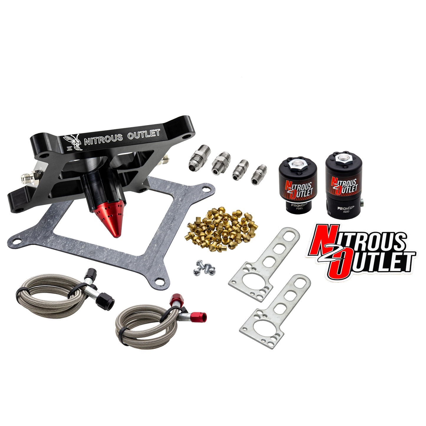 Nitrous Outlet 4150 Stinger 3 Solenoid Forward Conversion Kit - Braided Hoses/.122 Nitrous Solenoid/.177 Fuel Solenoid/Universal Solenoid Brackets - (Gas/E85)(5-55 psi)(50-500 HP)