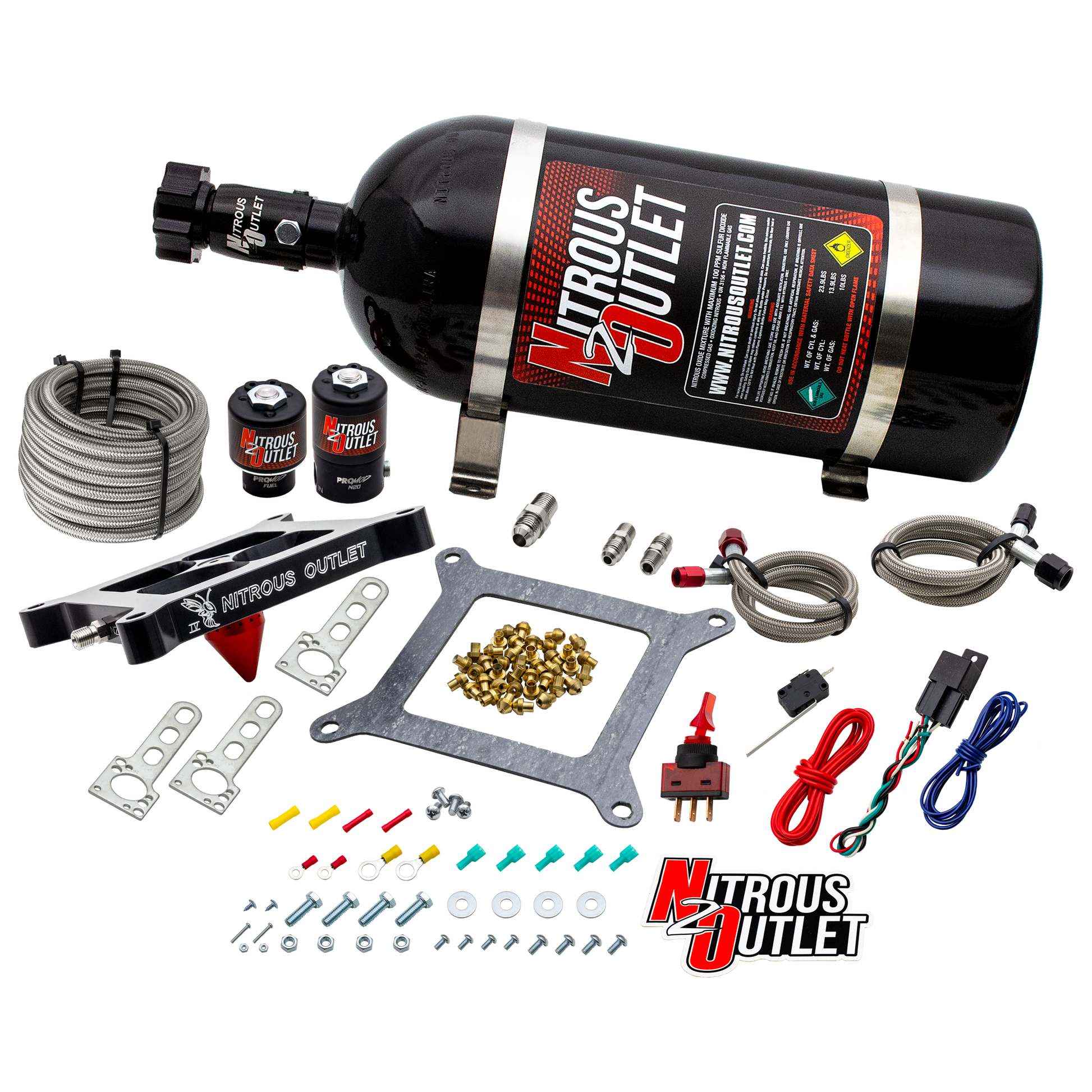 Nitrous Outlet 4150 Stinger 4 System - Braided Hoses/.122 Nitrous Solenoid/.177 Fuel Solenoid/Universal Solenoid Brackets - (Gas/E85)(5-55 psi)(50-500 HP)(10lb Bottle)