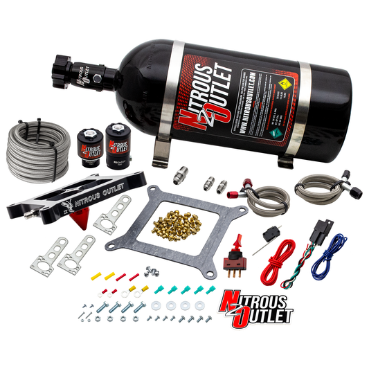 Nitrous Outlet 4150 Stinger 4 System - Braided Hoses/.122 Nitrous Solenoid/.177 Fuel Solenoid/Universal Solenoid Brackets - (Gas/E85)(5-55 psi)(50-500 HP)(10lb Bottle)