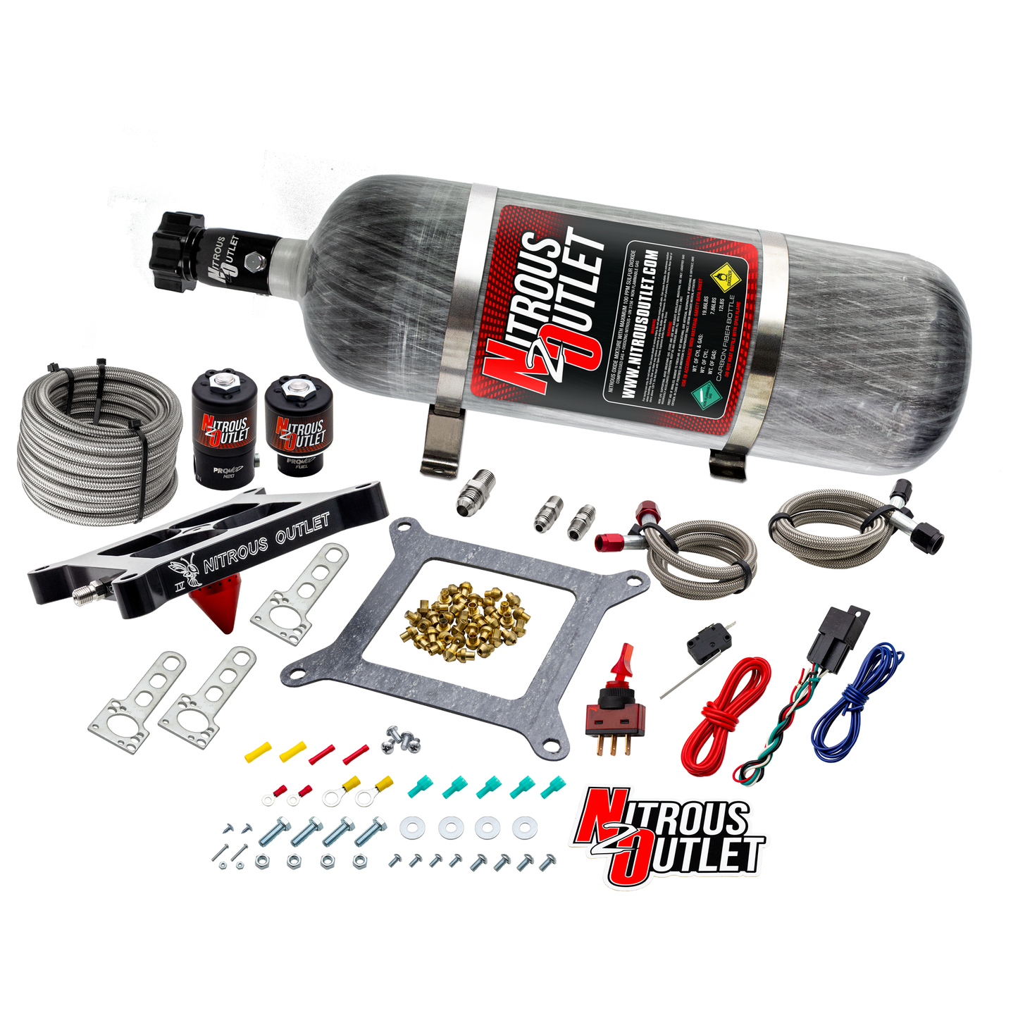 Nitrous Outlet 4150 Stinger 4 System - Braided Hoses/.122 Nitrous Solenoid/.177 Fuel Solenoid/Universal Solenoid Brackets - (Gas/E85)(5-55 psi)(50-500 HP)(12lb Bottle)