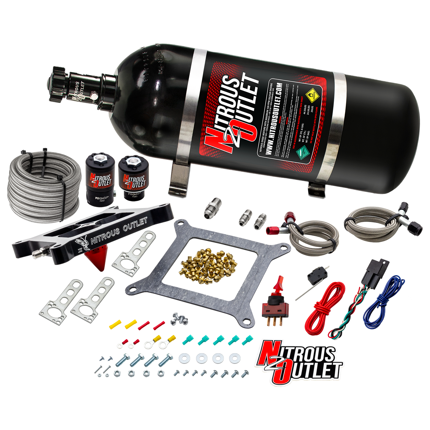 Nitrous Outlet 4150 Stinger 4 System - Braided Hoses/.122 Nitrous Solenoid/.177 Fuel Solenoid/Universal Solenoid Brackets - (Gas/E85)(5-55 psi)(50-500 HP)(15lb Bottle)