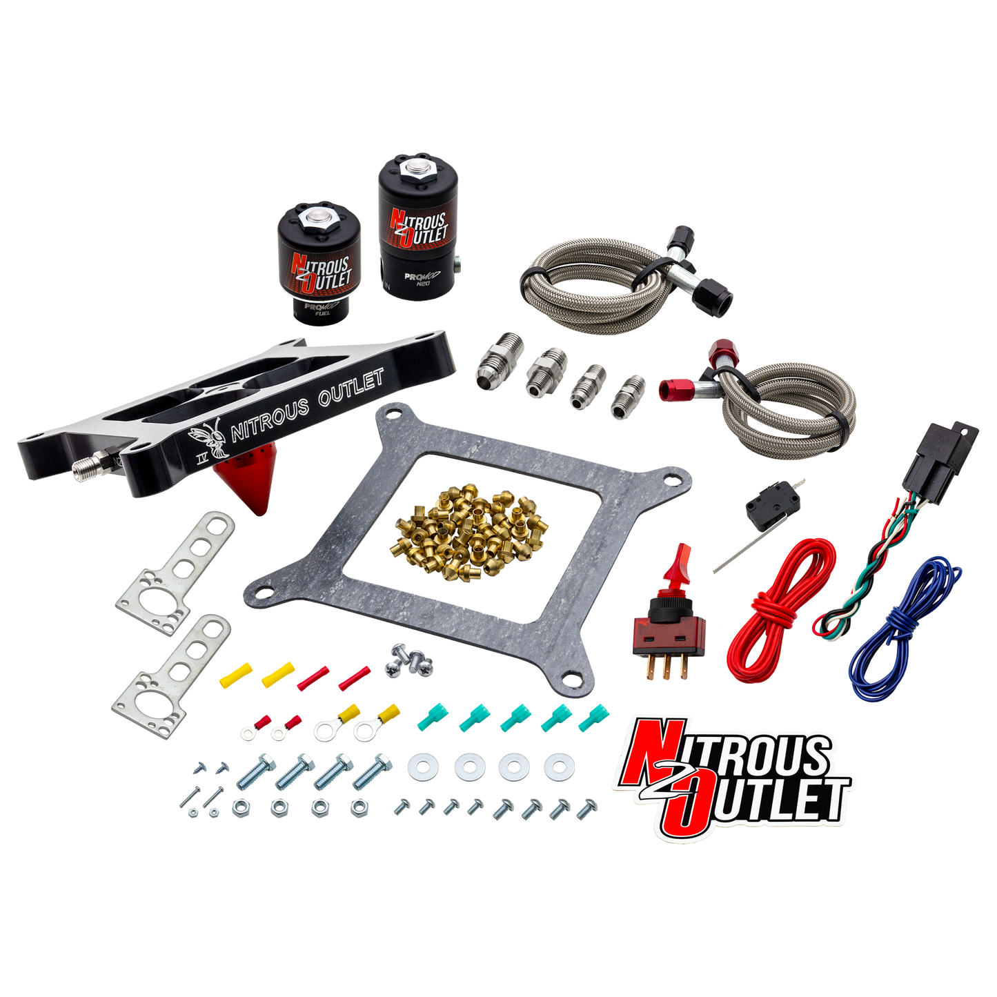 Nitrous Outlet 4150 Stinger 4 Solenoid Forward Conversion Kit - Braided Hoses/.122 Nitrous Solenoid/.177 Fuel Solenoid/Universal Solenoid Brackets - (Gas/E85)(5-55 psi)(50-500 HP)