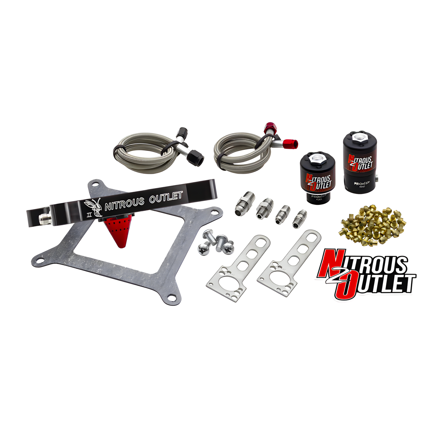 Nitrous Outlet 4150 Stinger 2 Solenoid Forward Conversion Kit - Braided Hoses/.122 Nitrous Solenoid/.177 Fuel Solenoid/Universal Solenoid Brackets - (Gas/E85)(5-55 psi)(50-500 HP)