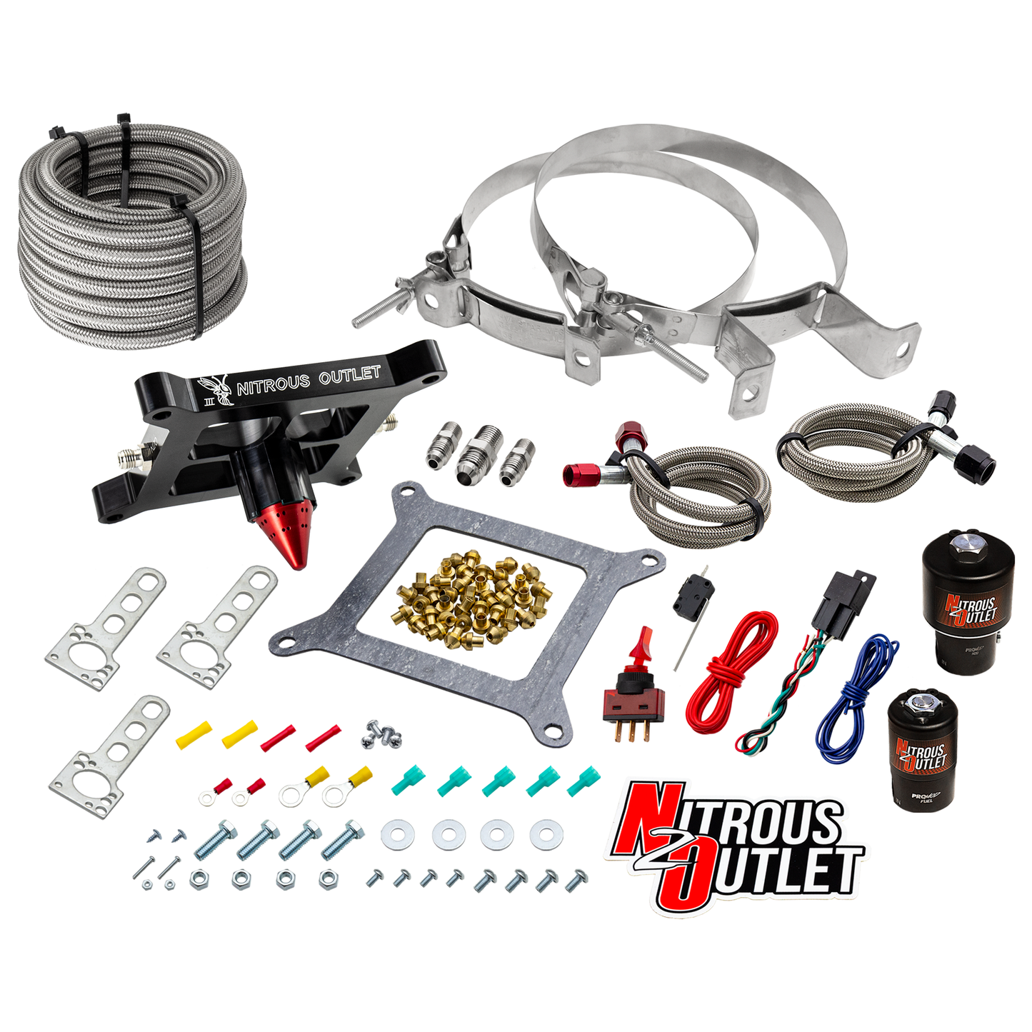 Nitrous Outlet 4150 Stinger 3 Race System - Braided Hoses/.178 Trashcan Nitrous Solenoid/.310 Fuel Solenoid/Universal Solenoid Brackets - (Gas/E85)(5-55 psi)(50-600 HP)(No Bottle)