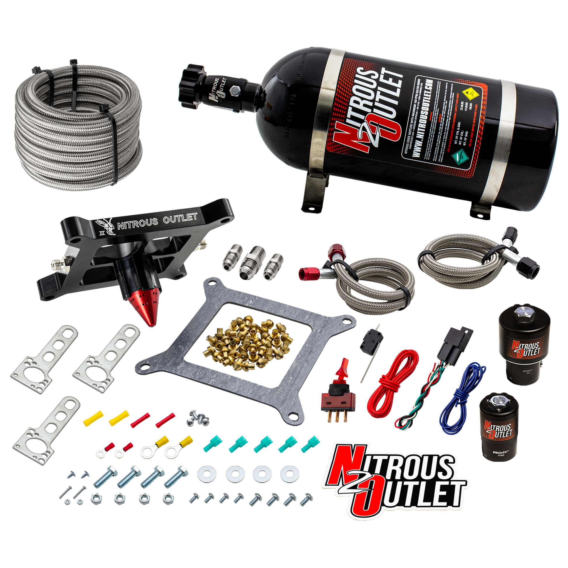 Nitrous Outlet 4150 Stinger 3 Race System - Braided Hoses/.178 Trashcan Nitrous Solenoid/.310 Fuel Solenoid/Universal Solenoid Brackets - (Gas/E85)(5-55 psi)(50-600 HP)(10lb Bottle)