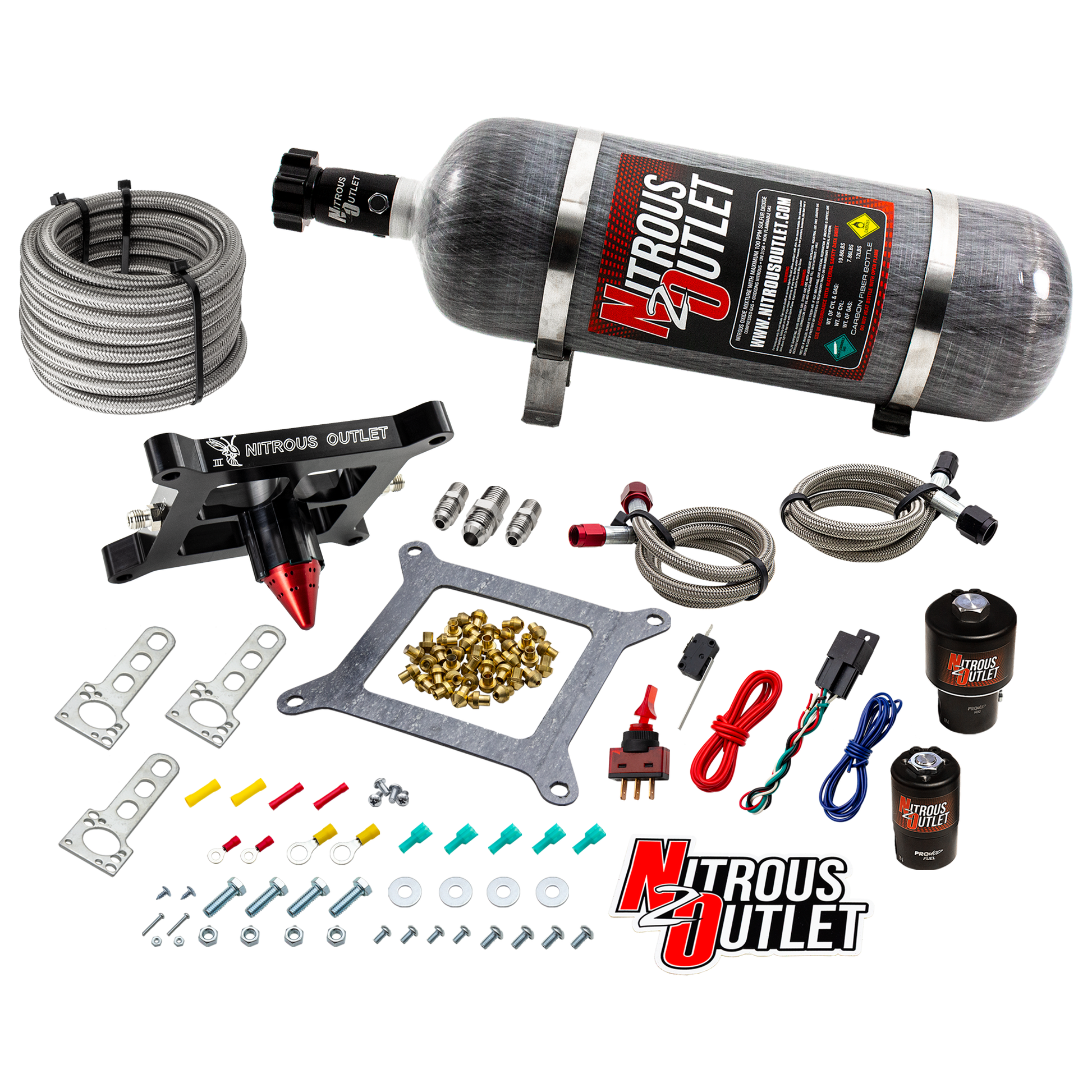 Nitrous Outlet 4150 Stinger 3 Race System - Braided Hoses/.178 Trashcan Nitrous Solenoid/.310 Fuel Solenoid/Universal Solenoid Brackets - (Gas/E85)(5-55 psi)(50-600 HP)(12lb Bottle)