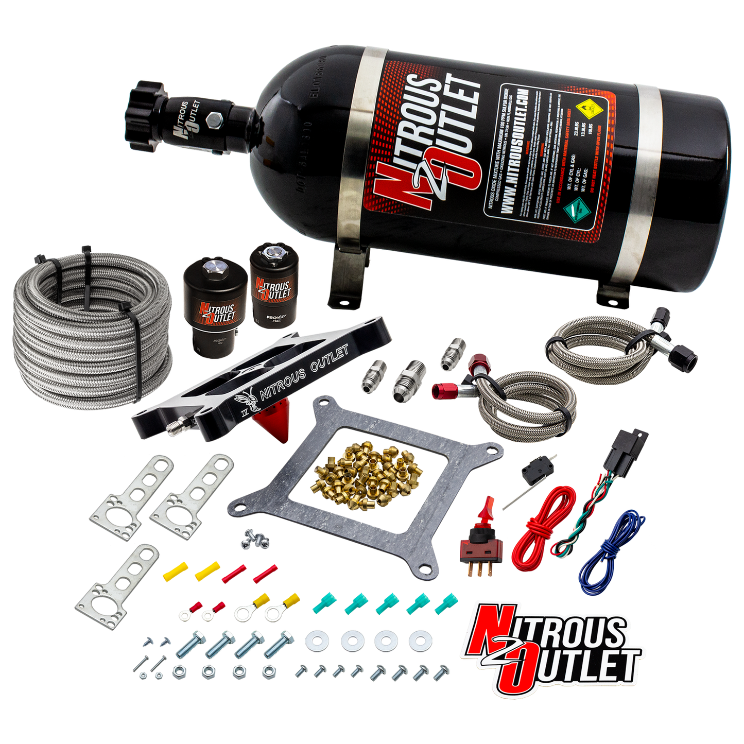 Nitrous Outlet 4150 Stinger 4 Race System - Braided Hoses/.178 Trashcan Nitrous Solenoid/.310 Fuel Solenoid/Universal Solenoid Brackets - (Gas/E85)(5-55 psi)(50-600 HP)(10lb Bottle)
