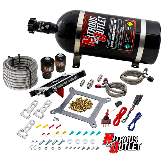 Nitrous Outlet 4150 Stinger 4 Race System - Braided Hoses/.178 Trashcan Nitrous Solenoid/.310 Fuel Solenoid/Universal Solenoid Brackets - (Gas/E85)(5-55 psi)(50-600 HP)(10lb Bottle)