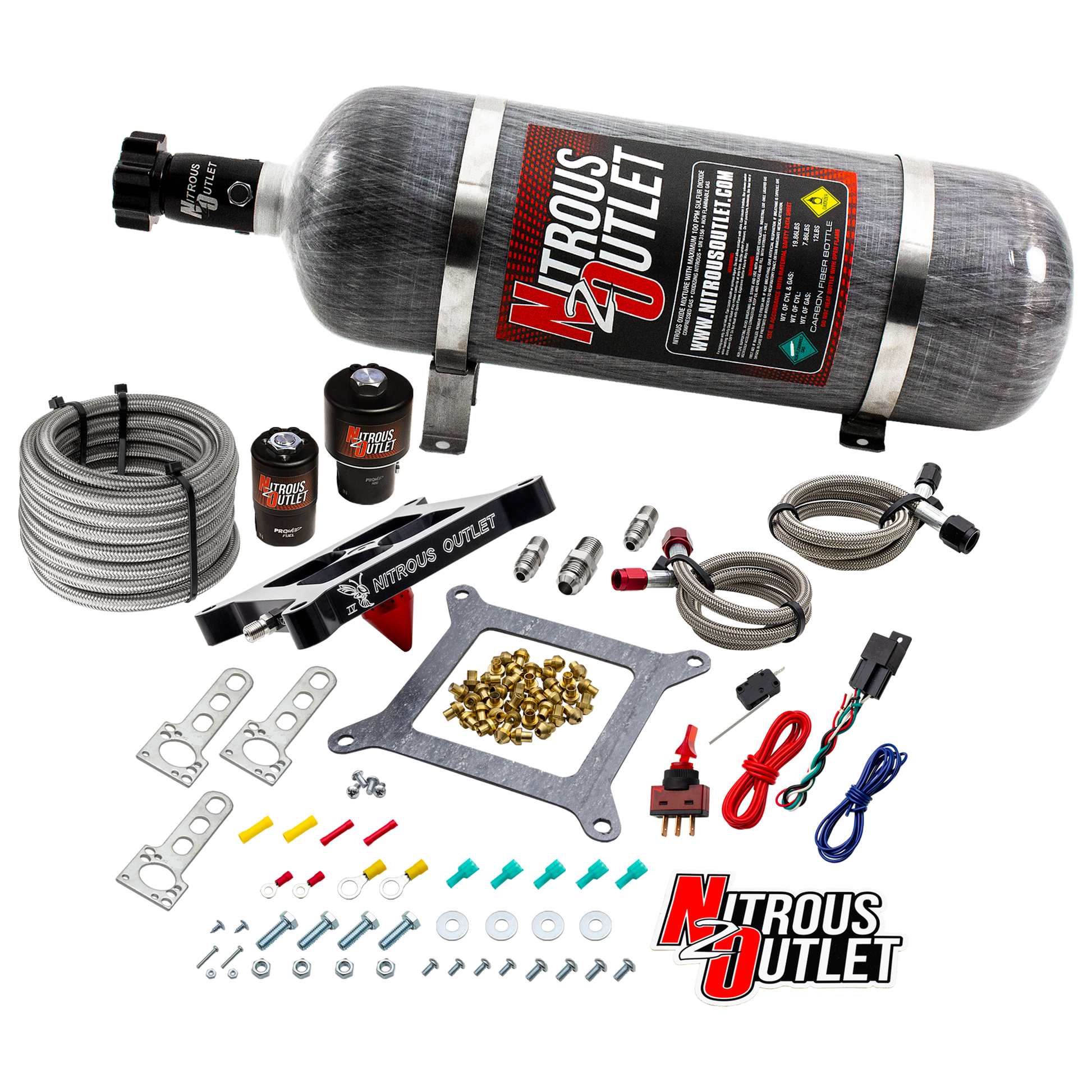 Nitrous Outlet 4150 Stinger 4 Race System - Braided Hoses/.178 Trashcan Nitrous Solenoid/.310 Fuel Solenoid/Universal Solenoid Brackets - (Gas/E85)(5-55 psi)(50-600 HP)(12lb Bottle)