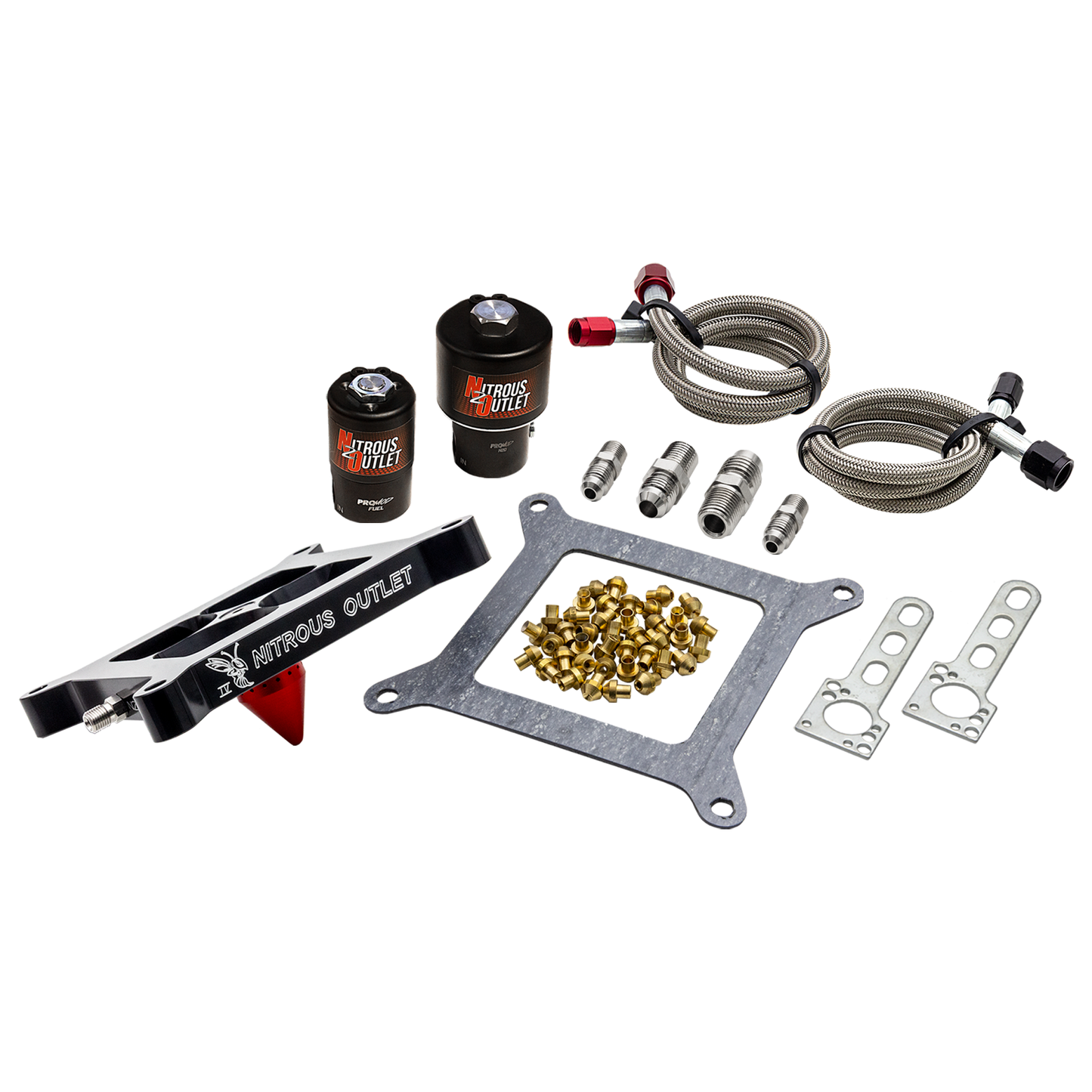 Nitrous Outlet 4150 Stinger 4 Race Solenoid Forward Conversion Kit - Braided Hoses/.178 Trashcan Nitrous Solenoid/.310 Fuel Solenoid/Universal Solenoid Brackets - (Gas/E85)(5-55 psi)(50-600 HP)