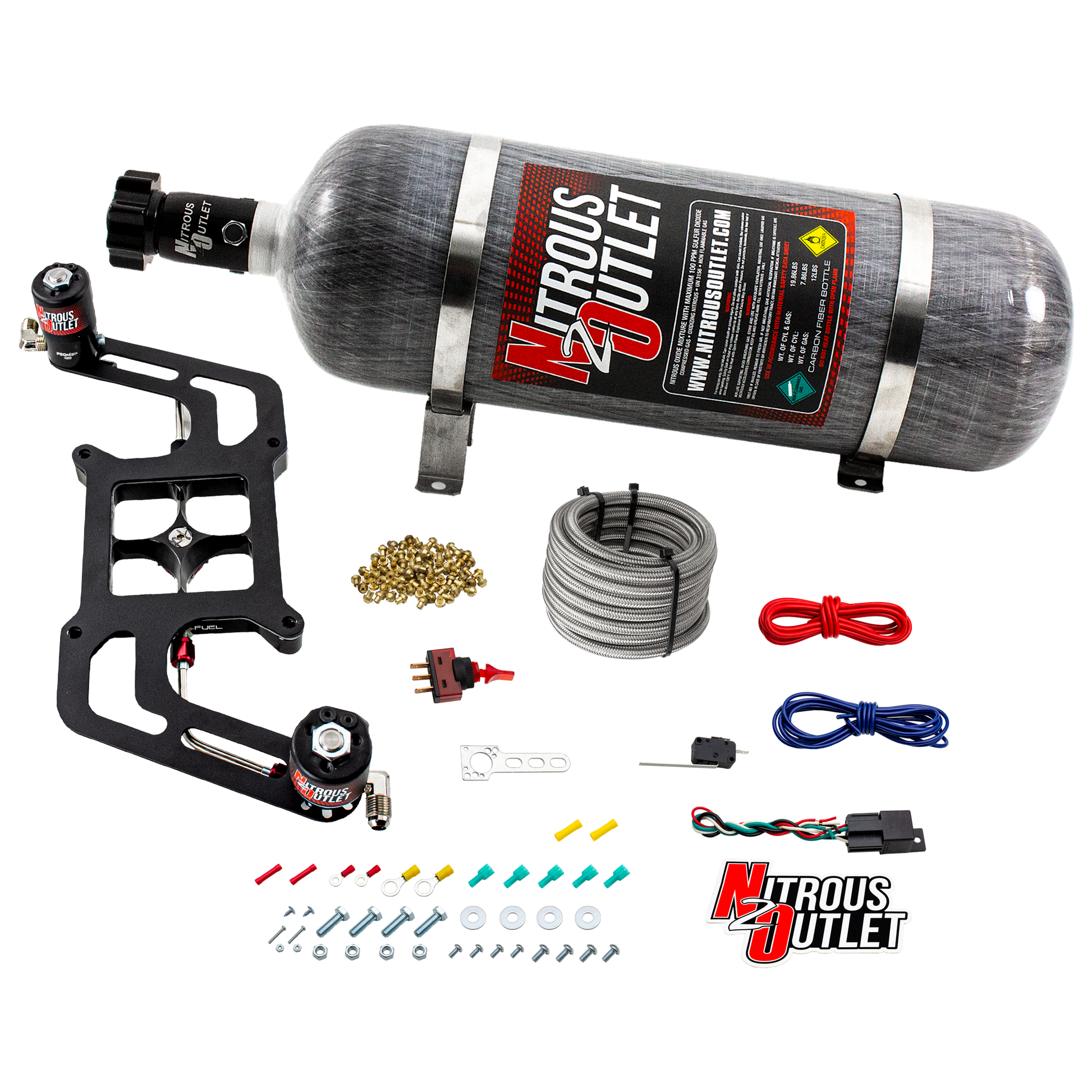 Nitrous Outlet 4150 Stinger 2 System - Hard-line/.122 Nitrous Solenoid/.177 Fuel Solenoid/Boomerang Solenoid Bracket - (Gas/E85)(5-55 psi)(50-500 HP)(12lb Bottle)